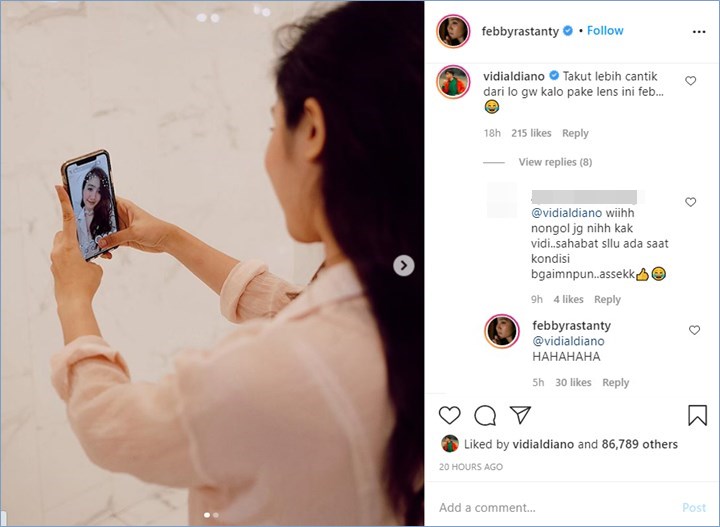 vidi aldiano terlihat memberikan komentar kocak di unggahan baru febby rastanty di instagram