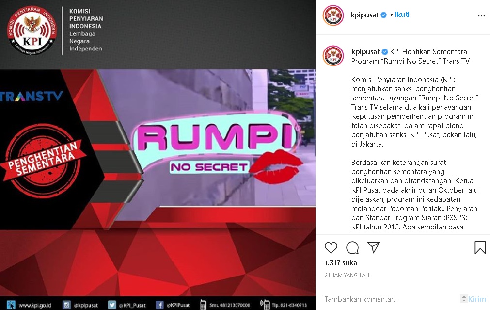Program Rumpi No Secret Diberhentikan Oleh KPI