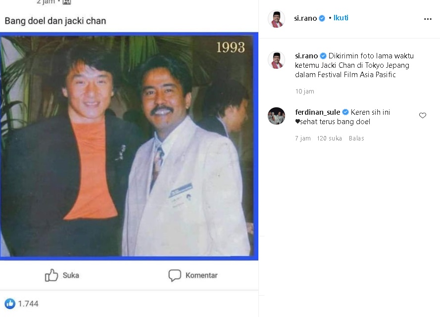 Intip Foto Lawas Rano Karno dengan Jackie Chan yang Tengah Jadi Buah Bibir