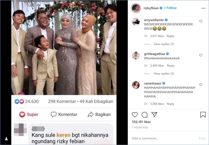 para selebriti memberikan komentar tertawa atas unggahan rizky febian dikira tamu undangan di pernikahan sule