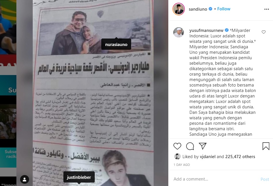 Sandiaga Uno Diberitakan Koran Mesir, Komentar Ustaz Yusuf Mansur Jadi yang Paling Disorot