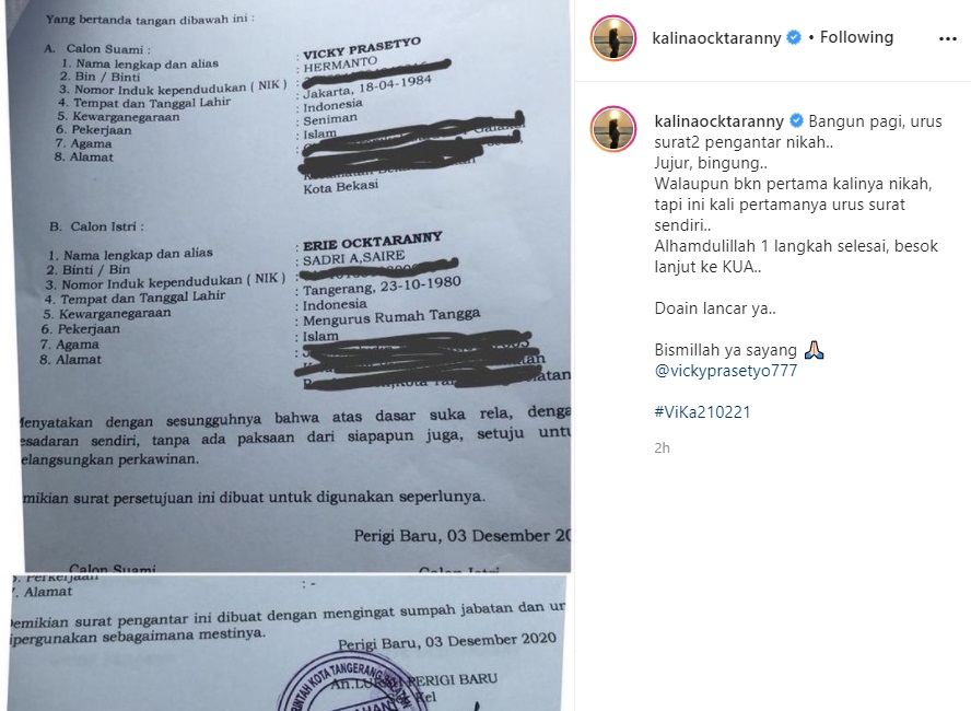 Kalina Oktarani Urus Surat Pengantar Nikah dengan Vicky Prasetyo Seraya Curhat Bingung