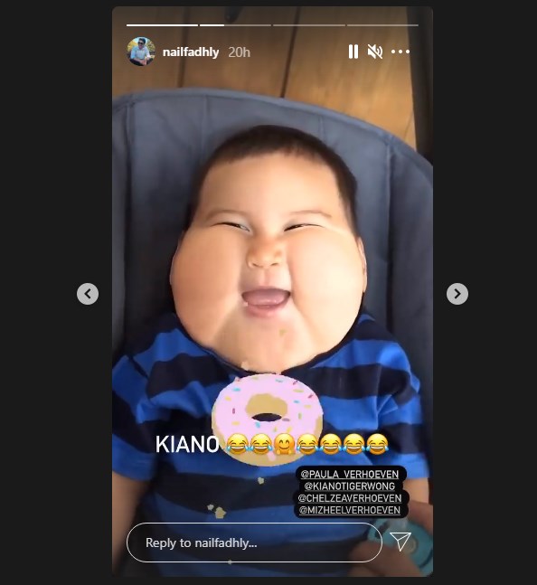 nail fadhly membagikan video gemas kiano tiger wong dengan filter memakan donat melalui instagram story akun pribadinya
