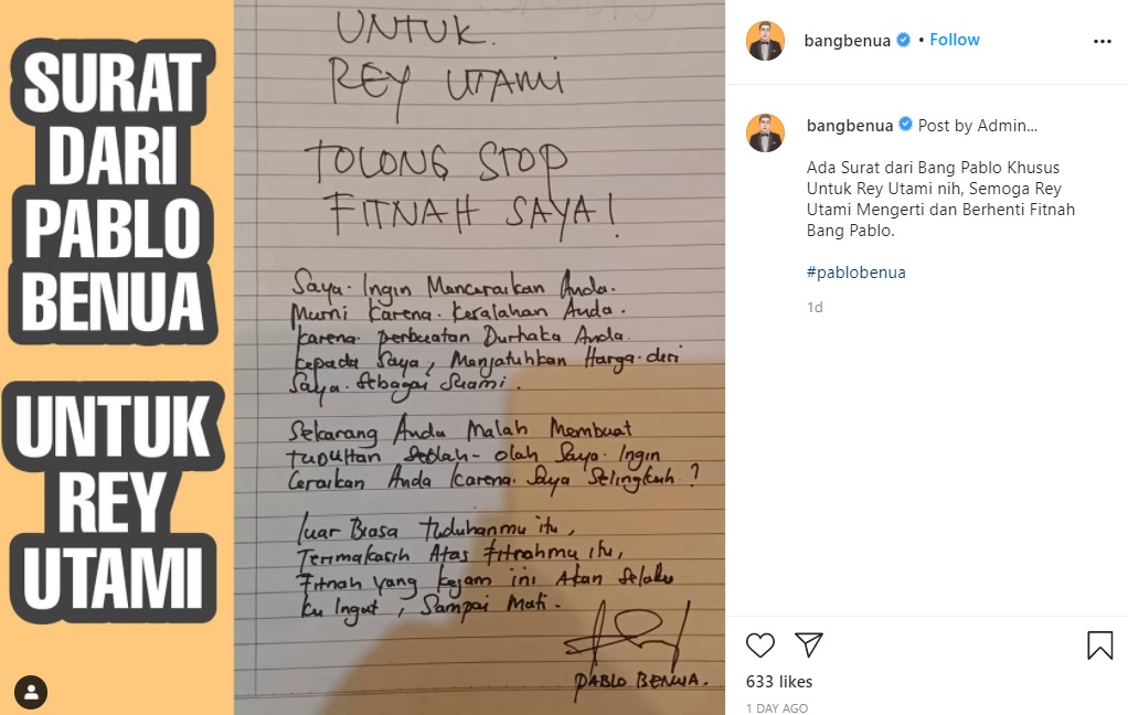 Dituding Selingkuh, Pablo Benua Meradang Tulis Surat untuk Rey Utami: Setop Fitnah Saya!