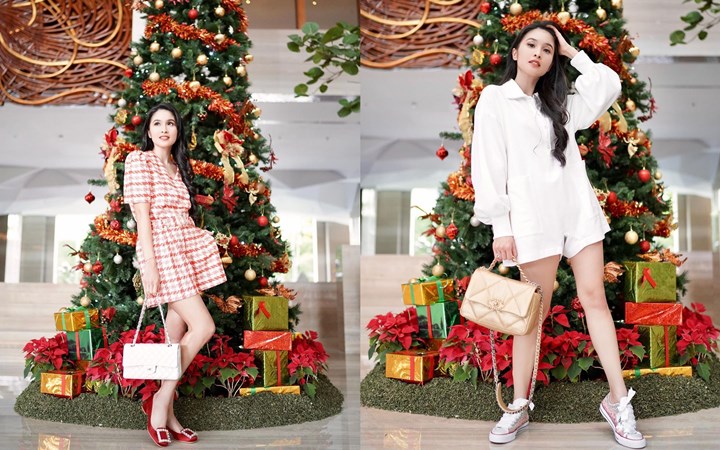 OOTD Sandra Dewi di Depan Pohon Natal Dapat Ditiru