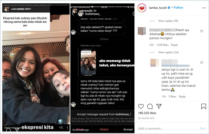 oubrey aulia langsung memberikan balasan disebut selingkuhan sabian tama hingga mendapatkan banyak hujatan dari para penggemar awkarin