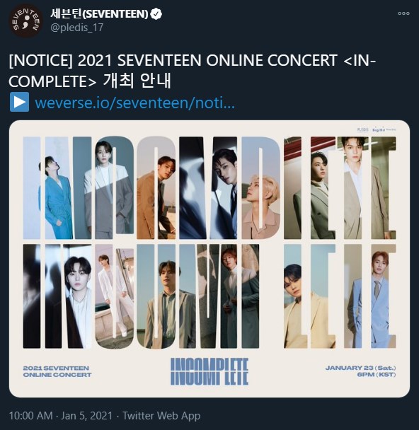 seventeen akan mengadakan konser virtual pada 23 januari 2021 mendatang