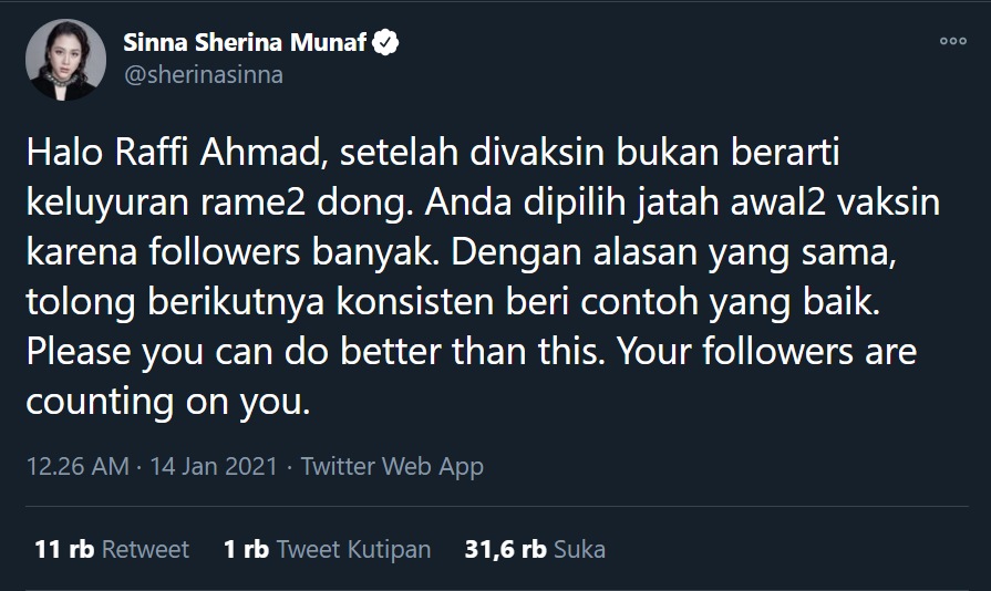 Raffi Ahmad Dikabarkan Langsung Keluyuran Usai Divaksin Covid-19, Sherina Beri Kritikan Tajam