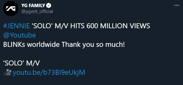 yg entertainment mengumumkan jika music video solo telah mendapatkan 600 juta penonton di youtube