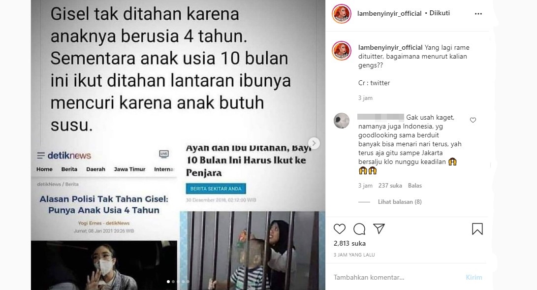 Gisel Tak Dipenjara Terkait Video Syur, Dibandingkan dengan Kasus Ibu Dibui Bersama Bayi 10 Bulan