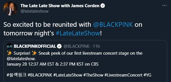 BLACKPINK dikonfirmasi akan menunjukkan penampilan spesial mereka di acara bergengsi di televisi Amerika Serikat yakni \'The Late Late Show with James Corden\'