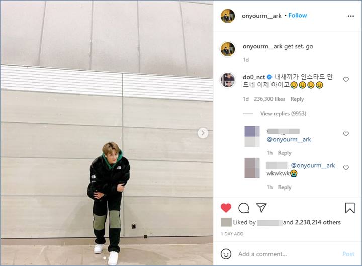 doyoung memberikan komentar di unggahan perdana mark di akun instagram pribadinya