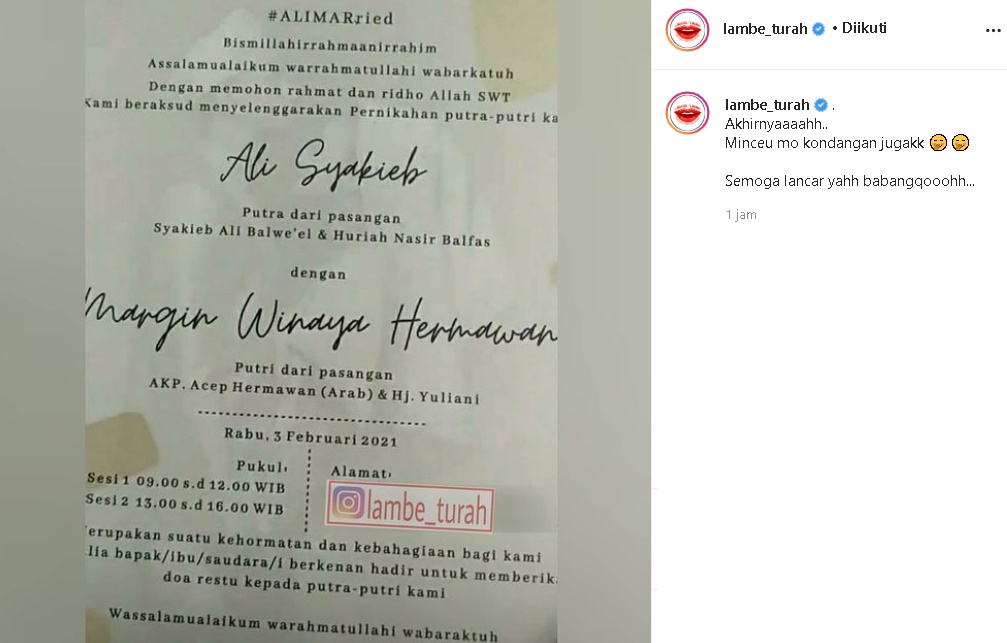 Undangan Pernikahan Ali Syakieb dan Margin Wieheerm Beredar, Nama Sang Ayah Bikin Salfok