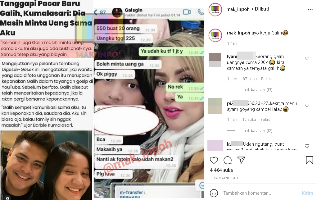 Isi Chat Galih Ginanjar Minta Uang ke Barbie Kumalasari Beredar, Nominalnya Jadi Sorotan