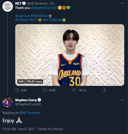 Chenle NCT membuat video manis untuk mengucapkan rasa terima kasihnya kepada pemain NBA Stephen Curry lantaran telah mengirimkan baju basket untuknya hari ini, Senin (8/2)