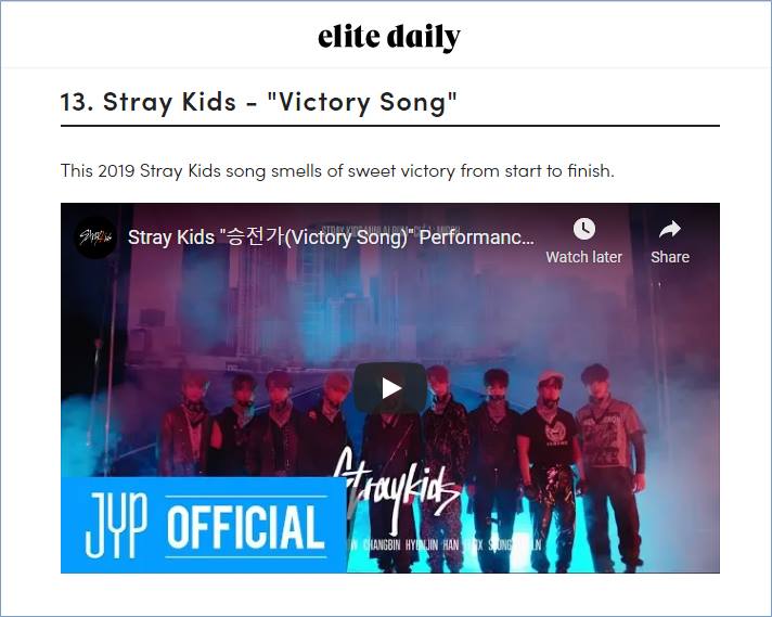 Stray Kids menjadi satu-satunya grup K-Pop yang lagunya berhasil masuk dalam daftar lagu cocok untuk menemani pertandingan football Super Bowl versi Elite Daily