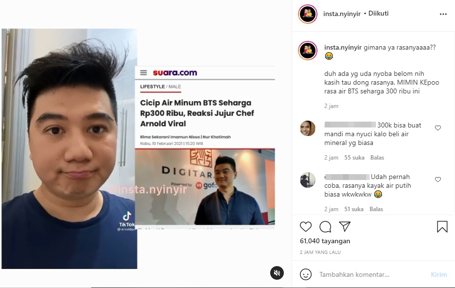 Viral, Begini Reaksi Chef Arnold Cicipi Air Minum BTS Seharga Rp 300 Ribu