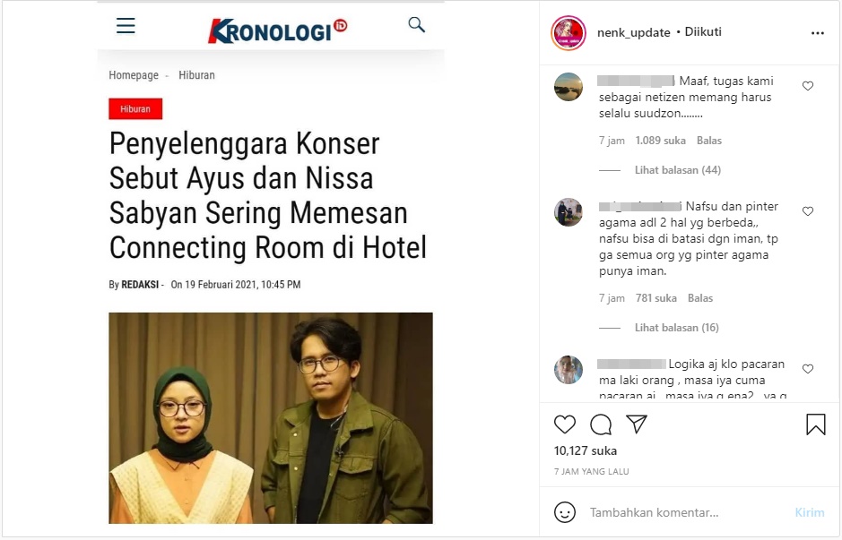 Heboh Penyelenggara Konser Sebut Ayus dan Nissa Sabyan Kerap Pesan Connecting Room di Hotel