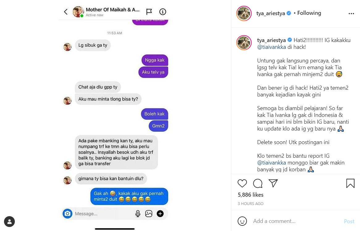 Hampir Kena Tipu, Tya Ariestya Umumkan Akun Instagram Tia Ivanka Kena Hack: Hati-hati!