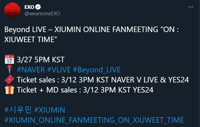 Xiumin EXO dikonfirmasi akan melakukan fan meeting online perdana setelah bebas dari wajib militer dengan judul \'On: Xiuweet Time\' pada akhir Maret 2021 mendatang