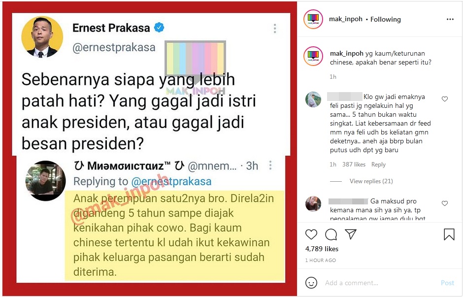 Komentari Soal Felicia Tissue dan Ibunya, Ernest Prakasa Malah Kena Sindir