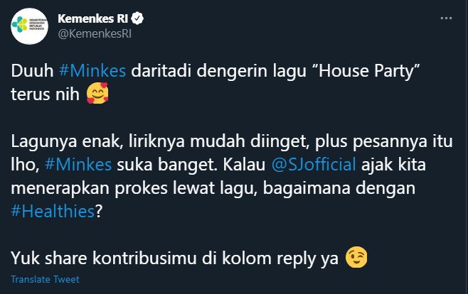 kemenkes ri melalui akun twitter resmi mempromosikan lagu baru super junior yakni house party