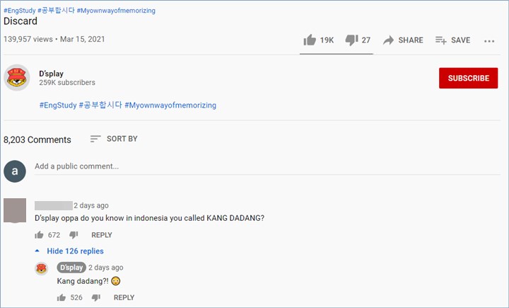 daesung bigbang membalas salah satu komentar yang dituliskan oleh para penggemar indonesia di kanal youtube pribadinya