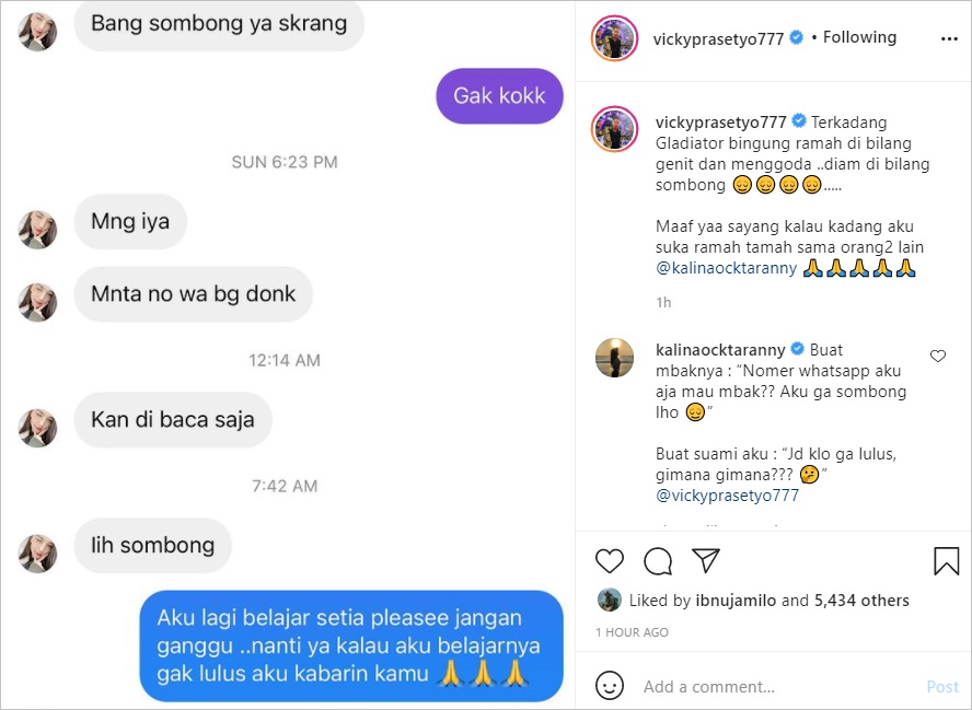 Bagikan Isi DM dari Seorang Wanita, Balasan Vicky Prasetyo Bukti Cinta Setia ke Kalina Oktarani?