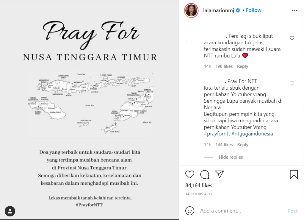 Marion Jola Turut Berduka Terkait Bencana di NTT, Netter Justru Singgung Soal Pernikahan Artis