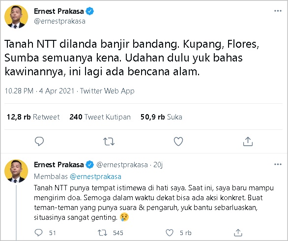 Ajak Udahan Bahas Pernikahan, Ernest Prakasa Soroti Banjir Bandang NTT: Ini Lagi Ada Bencana Alam