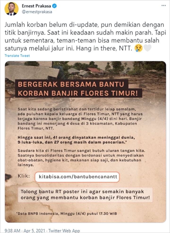 Ajak Udahan Bahas Pernikahan, Ernest Prakasa Soroti Banjir Bandang NTT: Ini Lagi Ada Bencana Alam