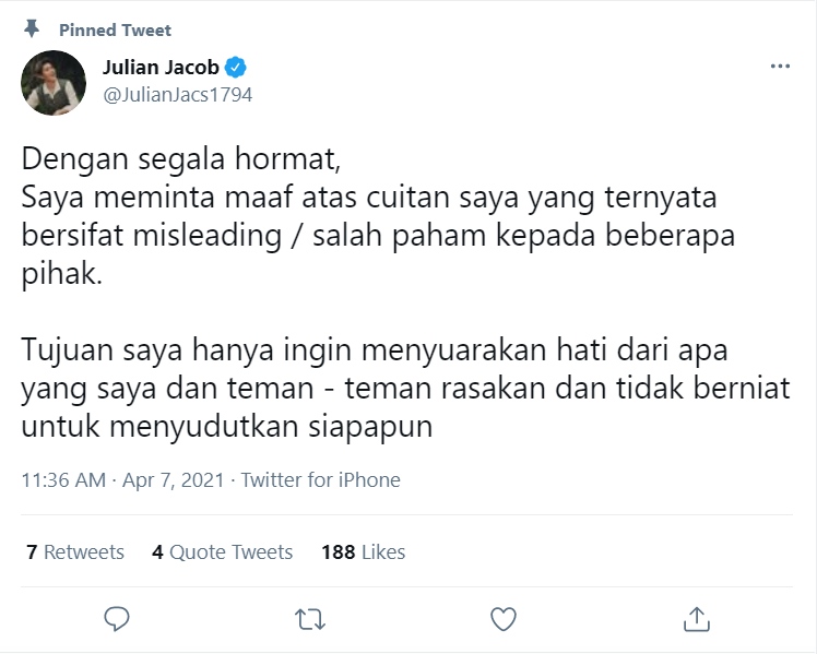 Julian Jacob Meminta Maaf Usai Tanggapannya Soal Royalti Hak Cipta Lagu Disebut Menyesatkan