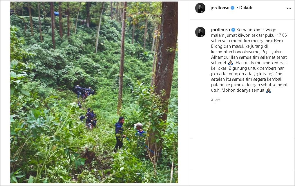 Jordi Onsu Unggah Penampakan Mobil Timnya yang Masuk Jurang, Ungkap Soal Waktu-Lokasi Kecelakaan