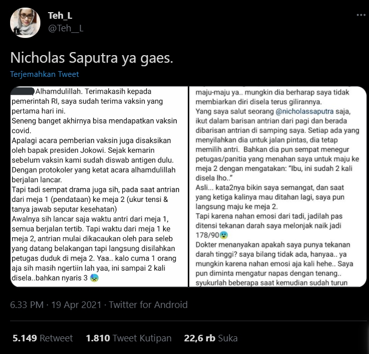 Sikap Nicholas Saputra Antre Vaksinasi Covid-19 Tuai Pujian Selangit Hingga Trending di Twitter