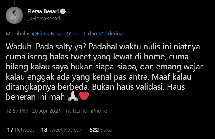 Dihujat Usai Komentari Nicholas Saputra Antre Vaksinasi, Fiersa Besari Minta Maaf dan Jelaskan Ini