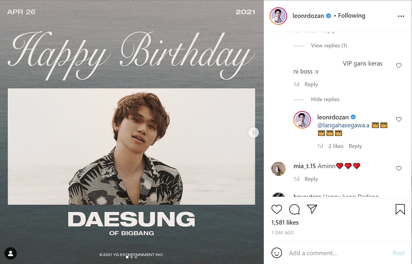 VIP Garis Keras, Leon Dozan Ucapkan Selamat Ultah untuk Daesung BIGBANG Hingga Ungkap Harapan Ini