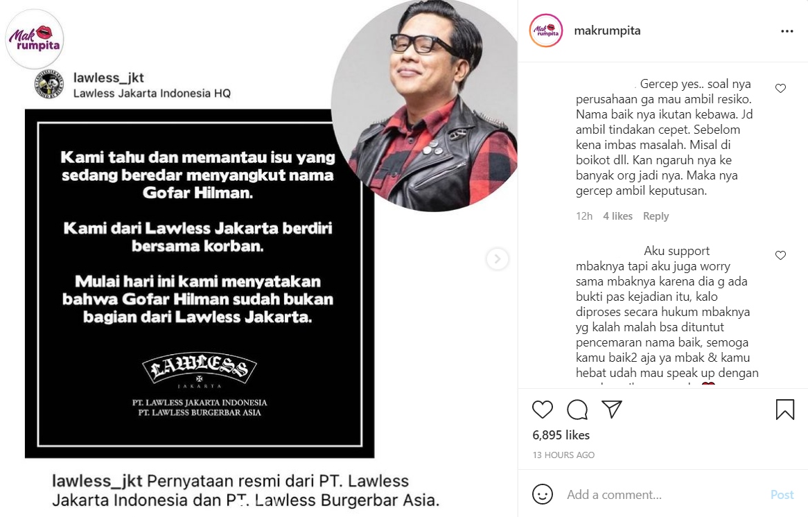 Imbas Isu Pelecehan Seksual, Gofar Hilman Dikeluarkan dari Lawless Jakarta Tuai Dukungan