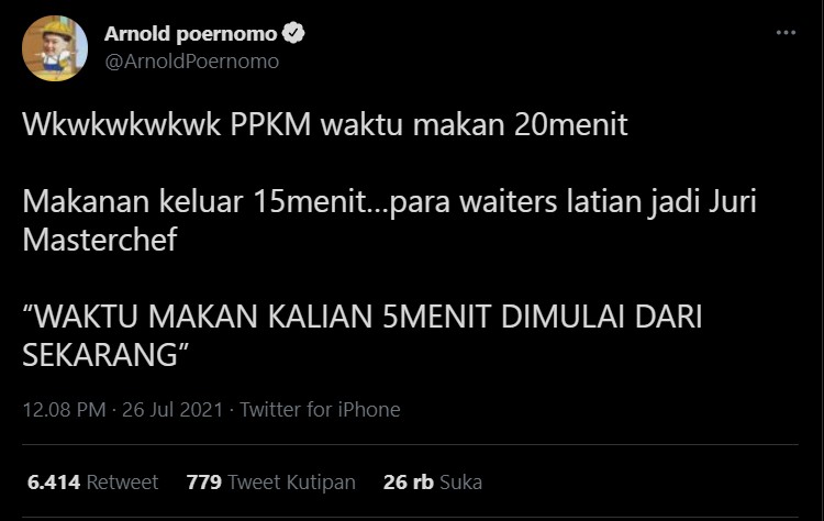 Soal Peraturan Baru Rumah Makan Saat PPKM, Sindiran Chef Arnold Ini Sukses Bikin Ngakak