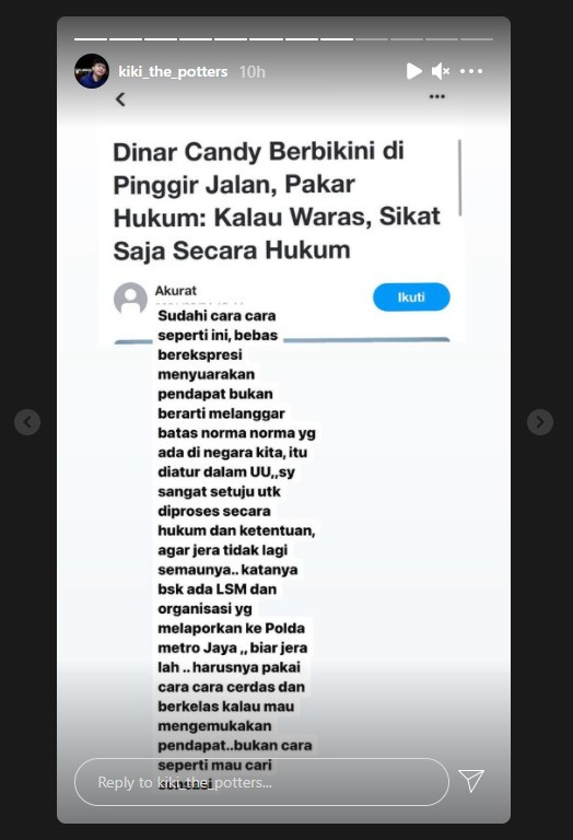 Kritik Aksi Dinar Candy Berbikini Protes PPKM, Kiki The Potters: Saya Setuju Diproses Secara Hukum