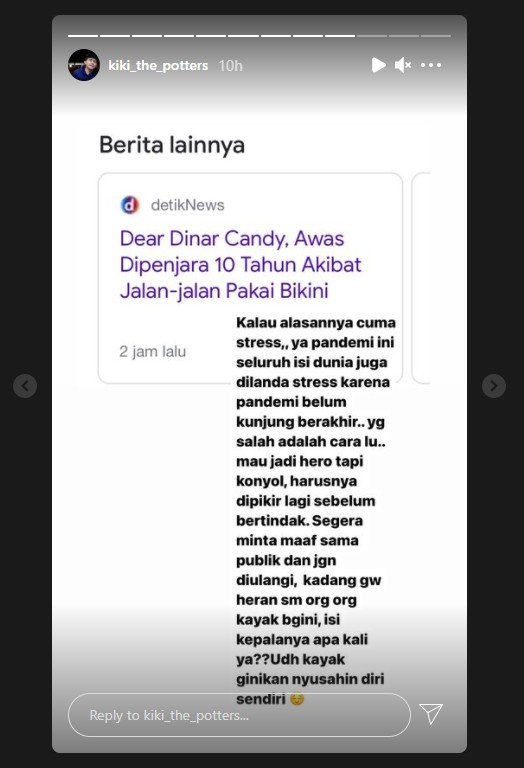 Kritik Aksi Dinar Candy Berbikini Protes PPKM, Kiki The Potters: Saya Setuju Diproses Secara Hukum