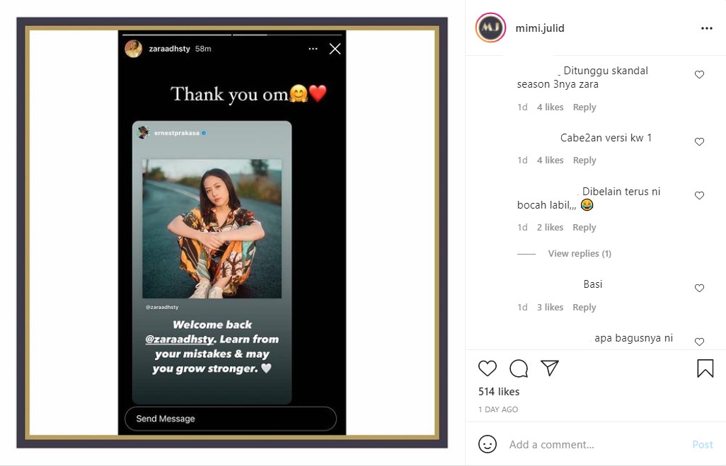 Akun Instagram Adhisty Zara Kembali Aktif, Ernest Prakasa Sampaikan Pesan Ini