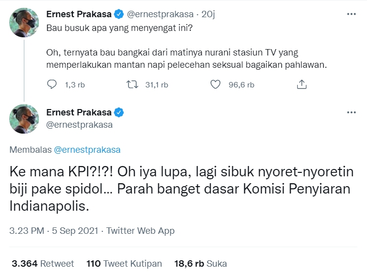 Sindir Keras Stasiun TV, Ernest Prakasa Singgung Soal Kebebasan Saiful Jamil Disambut Meriah?