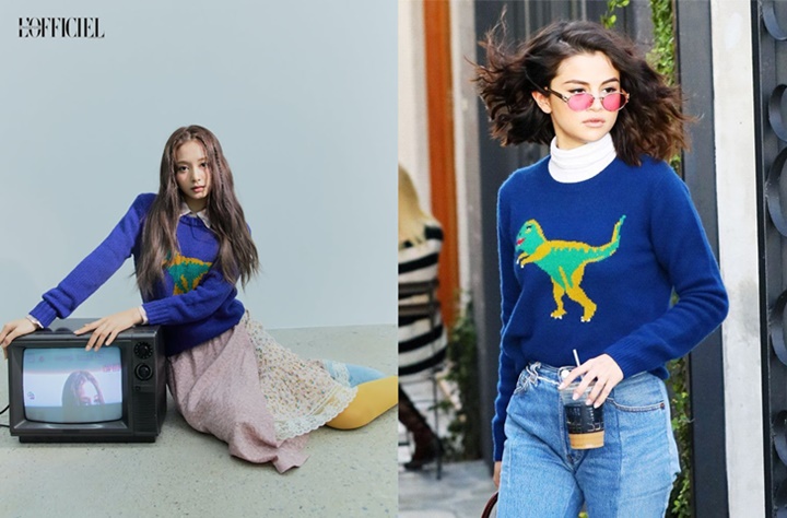 Tzuyu TWICE dan Selena Gomez mengenakan sweater yang sama