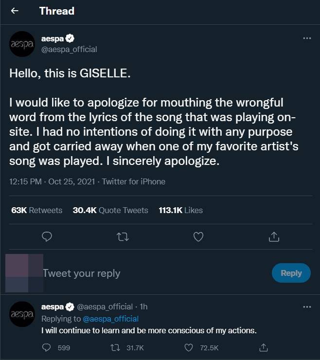 Giselle aespa mengucapkan permintaan maaf terkait mengucapkan kata rasisme