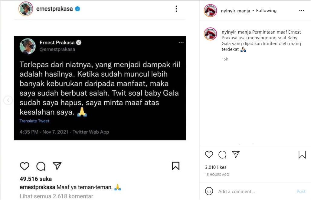 Singgung Soal Dugaan Eksploitasi Anak Vanessa Angel, Ernest Prakasa Minta Maaf