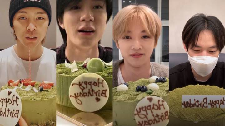 Anggota NCT merayakan ulang tahun dengan kue ulang tahun sama