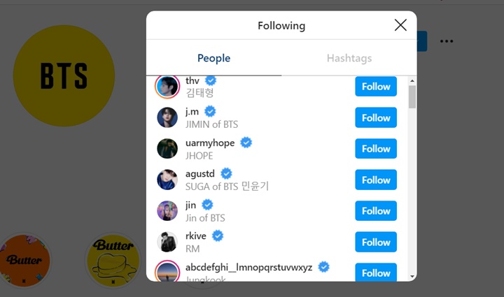 akun Instagram pribadi member BTS