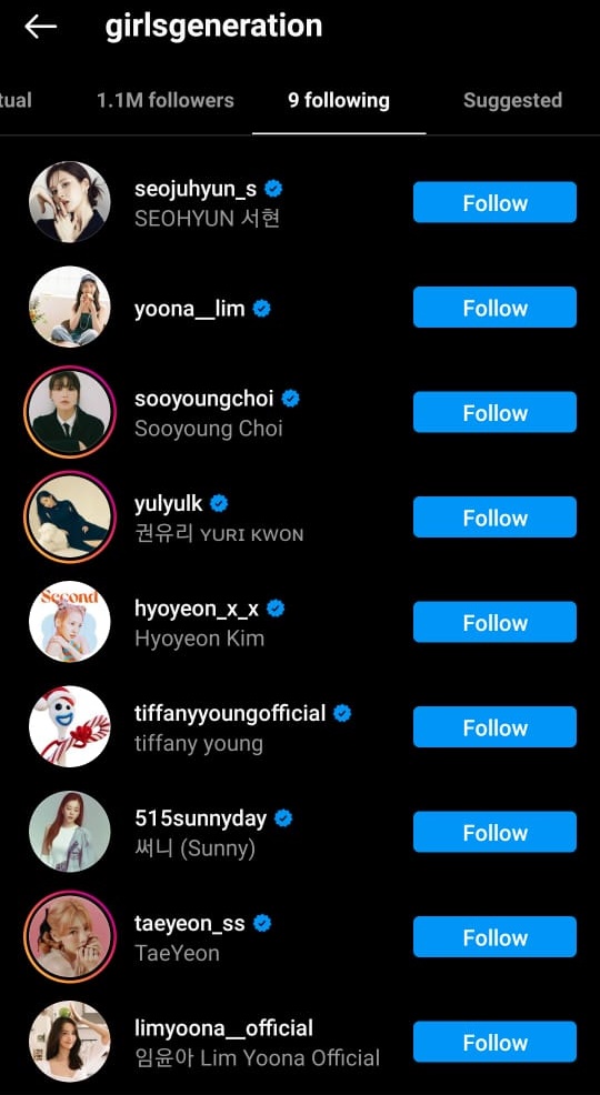 Akun Instagram Girls\' Generation tetap mengikuti akun Instagram semua anggota berbeda agensi