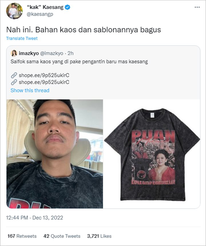 Dibelikan Erina Gudono, Kaesang Pakai Kaos Gambar Puan Maharani Dengan